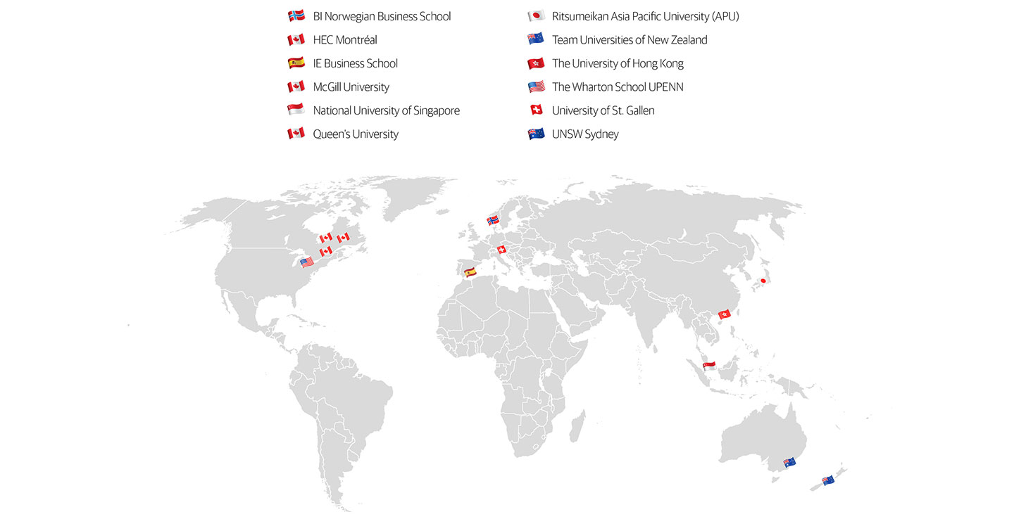 World map with flags representing the competing schools